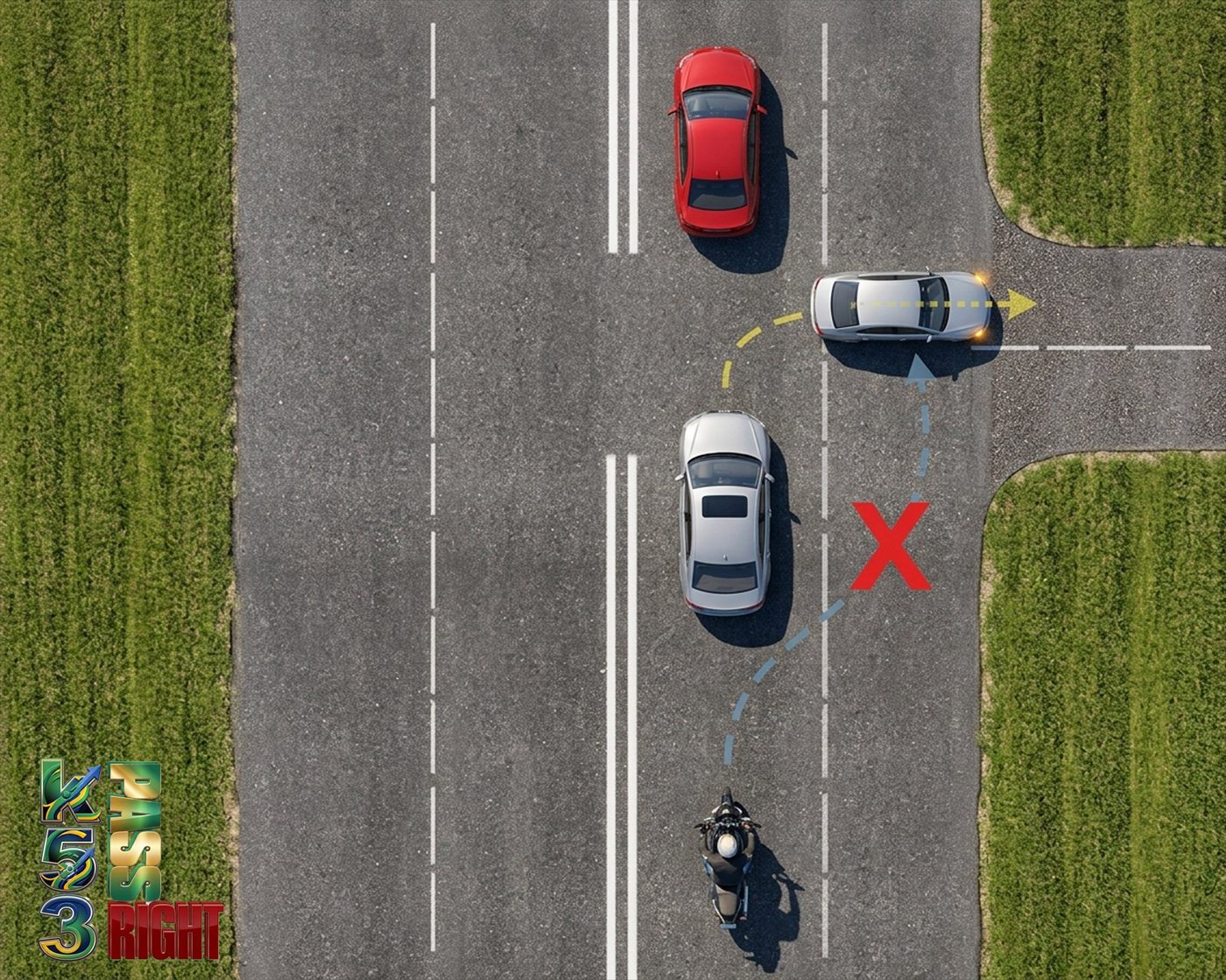 Motorcyclist checking for side streets before overtaking